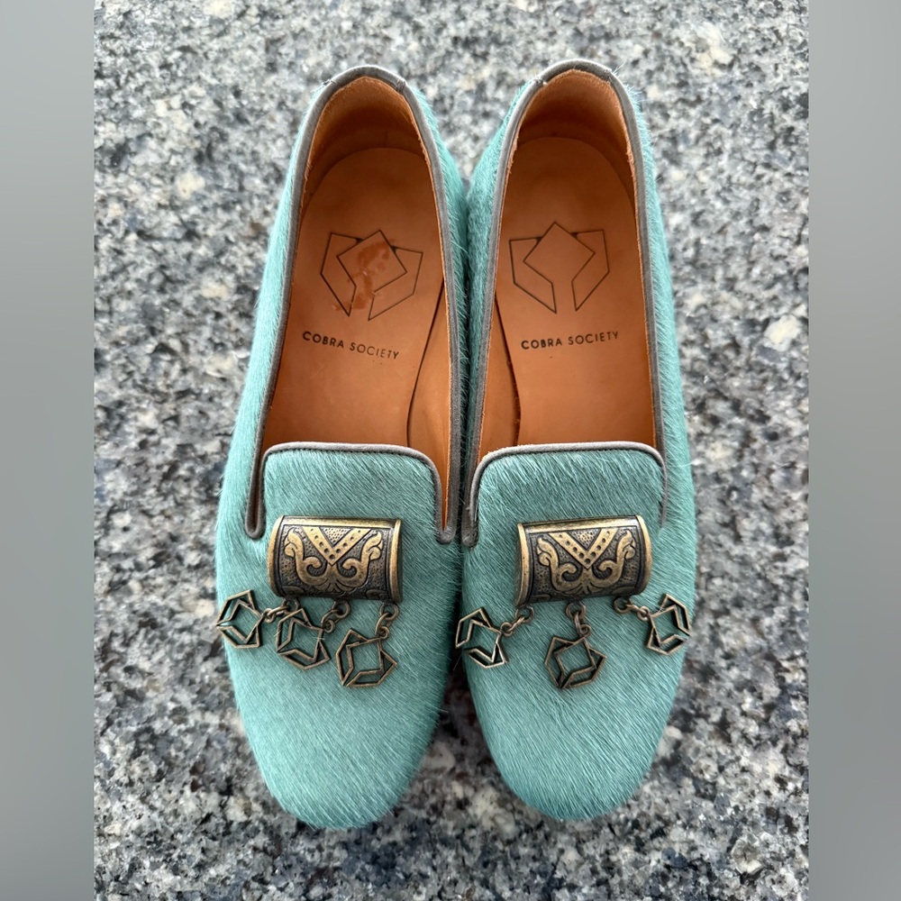 Cobra Society Women's Mint Green Loafers with Gold Accents